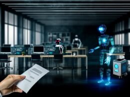 Eine besorgte Hand hält ein Kündigungsschreiben in einem verwaisten, modernen Großraumbüro, während humanoide Roboter und KI-Netzwerke Aufgaben übernehmen.