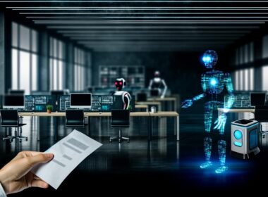 Eine besorgte Hand hält ein Kündigungsschreiben in einem verwaisten, modernen Großraumbüro, während humanoide Roboter und KI-Netzwerke Aufgaben übernehmen.