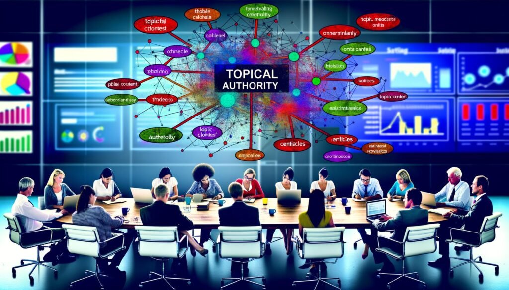 Moderner Redaktionsraum mit energiegeladenem Team, das an Laptops und Tablets arbeitet. Im Zentrum steht ein Whiteboard mit einer farbigen Mindmap zu Topical Authority und SEO-Begriffen, im Hintergrund ist ein Monitor mit SEO-Kennzahlen und Datenvisualisierung zu sehen.