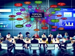 Moderner Redaktionsraum mit energiegeladenem Team, das an Laptops und Tablets arbeitet. Im Zentrum steht ein Whiteboard mit einer farbigen Mindmap zu Topical Authority und SEO-Begriffen, im Hintergrund ist ein Monitor mit SEO-Kennzahlen und Datenvisualisierung zu sehen.