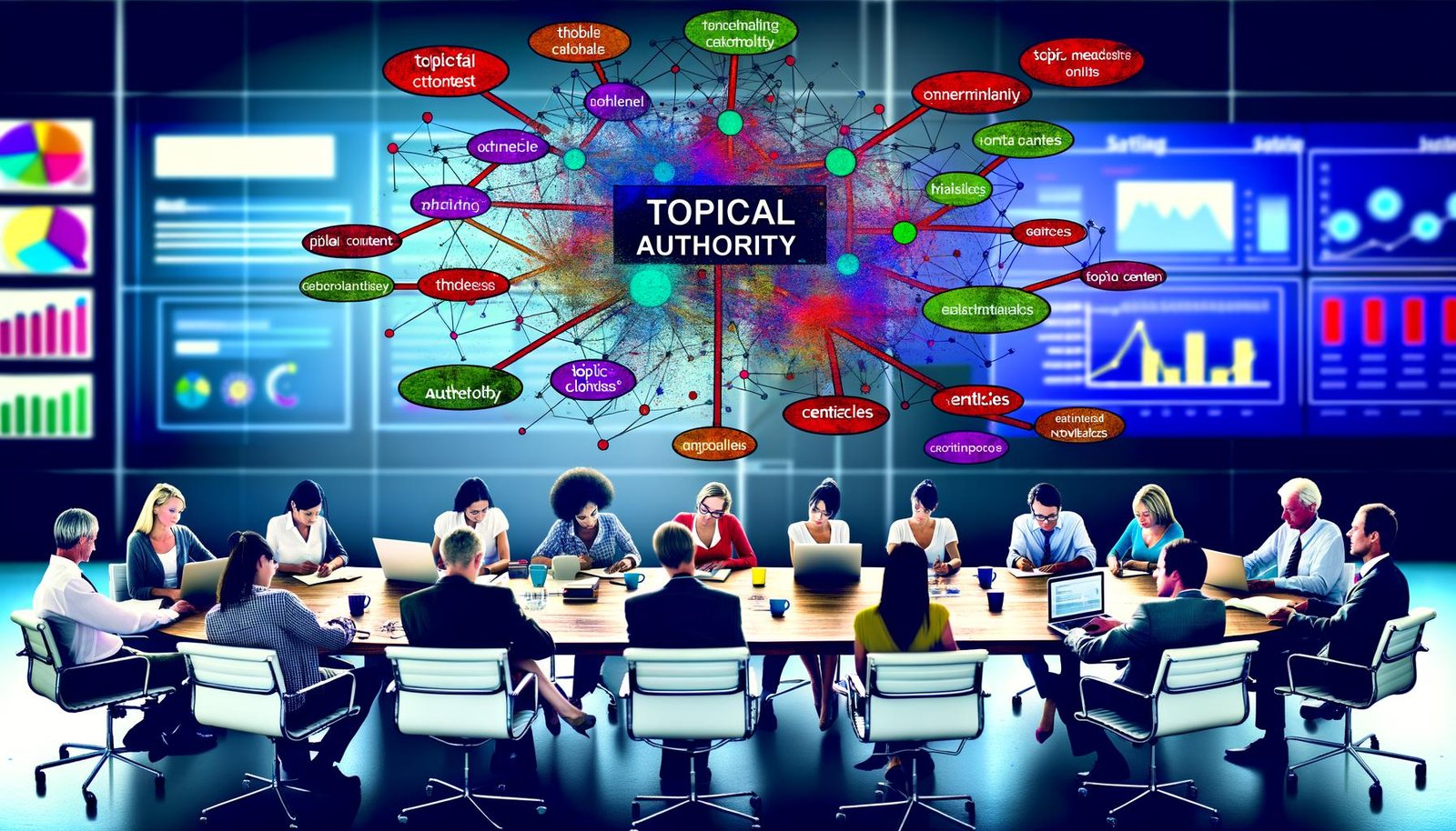 Moderner Redaktionsraum mit energiegeladenem Team, das an Laptops und Tablets arbeitet. Im Zentrum steht ein Whiteboard mit einer farbigen Mindmap zu Topical Authority und SEO-Begriffen, im Hintergrund ist ein Monitor mit SEO-Kennzahlen und Datenvisualisierung zu sehen.