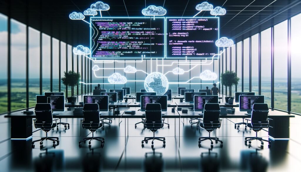 Modernes Büro: Redaktion und Entwicklungsteam arbeiten gemeinsam an Stehpulten vor Monitoren mit Code, Dashboards und Headless CMS. Im Vordergrund große Bildschirm mit Workflows und vernetzten API-Endpunkten.