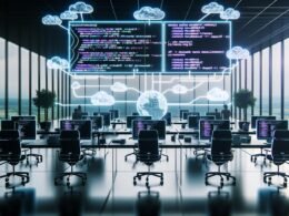 Modernes Büro: Redaktion und Entwicklungsteam arbeiten gemeinsam an Stehpulten vor Monitoren mit Code, Dashboards und Headless CMS. Im Vordergrund große Bildschirm mit Workflows und vernetzten API-Endpunkten.