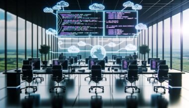 Modernes Büro: Redaktion und Entwicklungsteam arbeiten gemeinsam an Stehpulten vor Monitoren mit Code, Dashboards und Headless CMS. Im Vordergrund große Bildschirm mit Workflows und vernetzten API-Endpunkten.