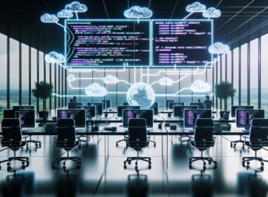 Modernes Büro: Redaktion und Entwicklungsteam arbeiten gemeinsam an Stehpulten vor Monitoren mit Code, Dashboards und Headless CMS. Im Vordergrund große Bildschirm mit Workflows und vernetzten API-Endpunkten.