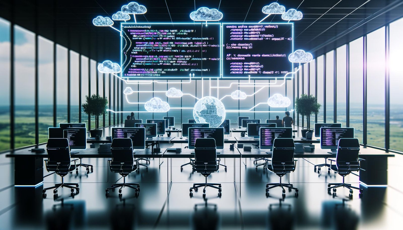 Modernes Büro: Redaktion und Entwicklungsteam arbeiten gemeinsam an Stehpulten vor Monitoren mit Code, Dashboards und Headless CMS. Im Vordergrund große Bildschirm mit Workflows und vernetzten API-Endpunkten.