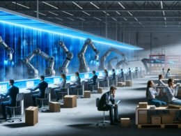 Roboter und Menschen arbeiten gemeinsam in einem futuristischen Großraumbüro mit Monitoren, Datenströmen und laufenden Förderbändern neben alten Aktenschränken.