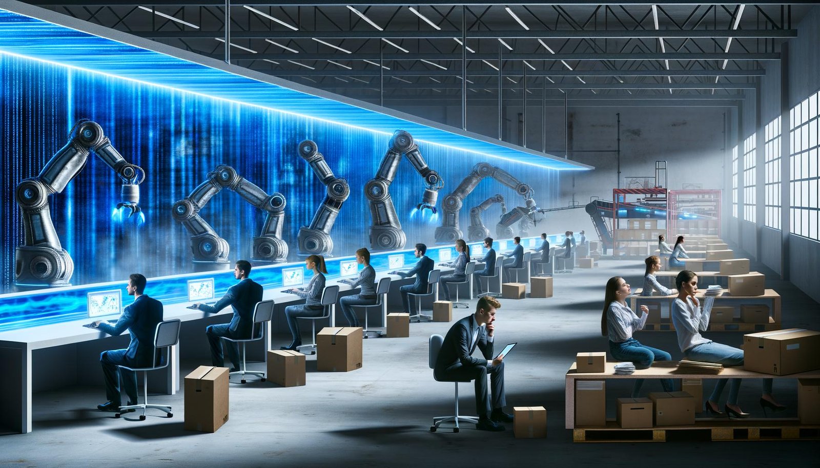 Roboter und Menschen arbeiten gemeinsam in einem futuristischen Großraumbüro mit Monitoren, Datenströmen und laufenden Förderbändern neben alten Aktenschränken.