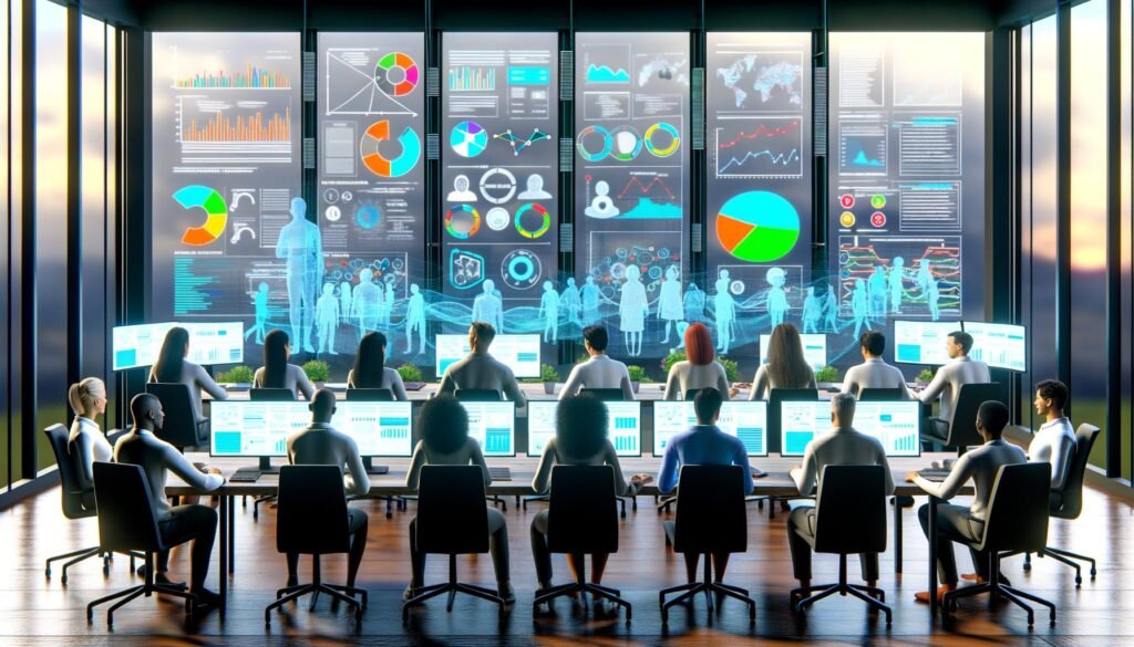 Futuristisches Büro mit Marketing- und Datenanalyse-Team vor digitalen Dashboards mit bunten Diagrammen, Heatmaps und Vernetzungen