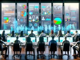 Futuristisches Büro mit Marketing- und Datenanalyse-Team vor digitalen Dashboards mit bunten Diagrammen, Heatmaps und Vernetzungen