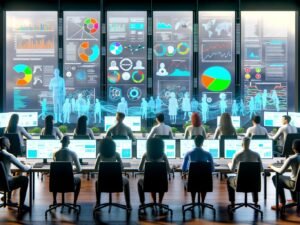 Futuristisches Büro mit Marketing- und Datenanalyse-Team vor digitalen Dashboards mit bunten Diagrammen, Heatmaps und Vernetzungen