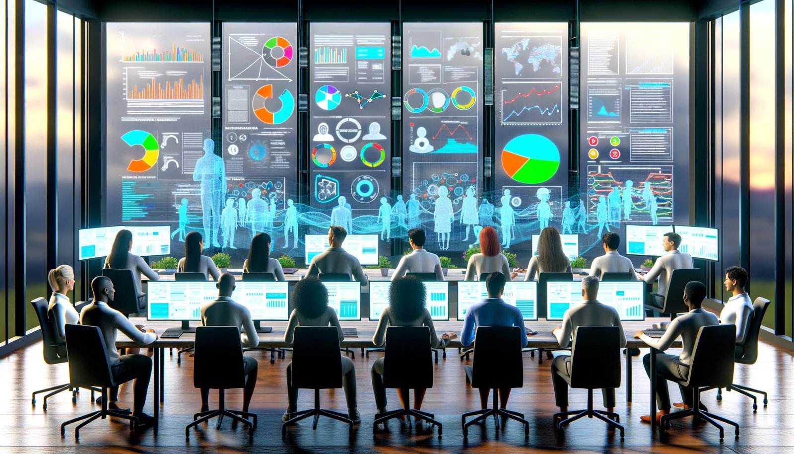 Futuristisches Büro mit Marketing- und Datenanalyse-Team vor digitalen Dashboards mit bunten Diagrammen, Heatmaps und Vernetzungen