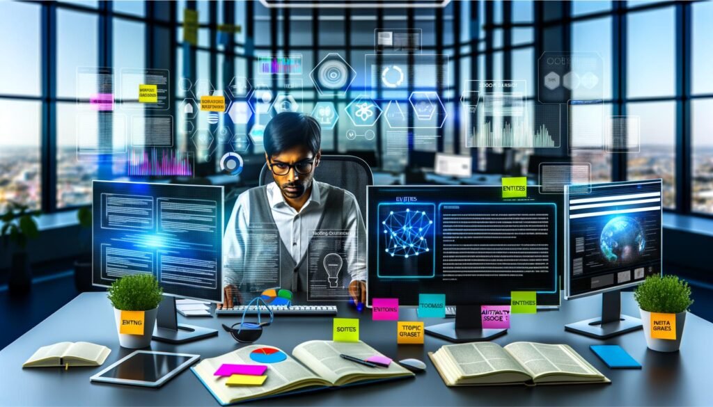 Person analysiert an einem modernen Arbeitsplatz komplexe SEO-Daten auf mehreren Monitoren mit Diagrammen und Knowledge-Graphen; im Raum offene Notizbücher, Tablet und Post-its mit Fachbegriffen, im Hintergrund große Fenster mit urbanem Ausblick.