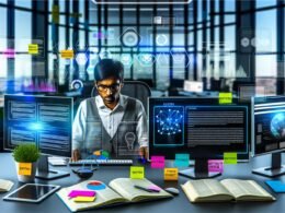 Person analysiert an einem modernen Arbeitsplatz komplexe SEO-Daten auf mehreren Monitoren mit Diagrammen und Knowledge-Graphen; im Raum offene Notizbücher, Tablet und Post-its mit Fachbegriffen, im Hintergrund große Fenster mit urbanem Ausblick.