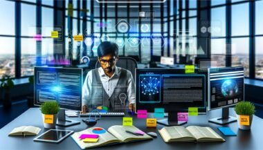 Person analysiert an einem modernen Arbeitsplatz komplexe SEO-Daten auf mehreren Monitoren mit Diagrammen und Knowledge-Graphen; im Raum offene Notizbücher, Tablet und Post-its mit Fachbegriffen, im Hintergrund große Fenster mit urbanem Ausblick.