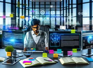 Person analysiert an einem modernen Arbeitsplatz komplexe SEO-Daten auf mehreren Monitoren mit Diagrammen und Knowledge-Graphen; im Raum offene Notizbücher, Tablet und Post-its mit Fachbegriffen, im Hintergrund große Fenster mit urbanem Ausblick.