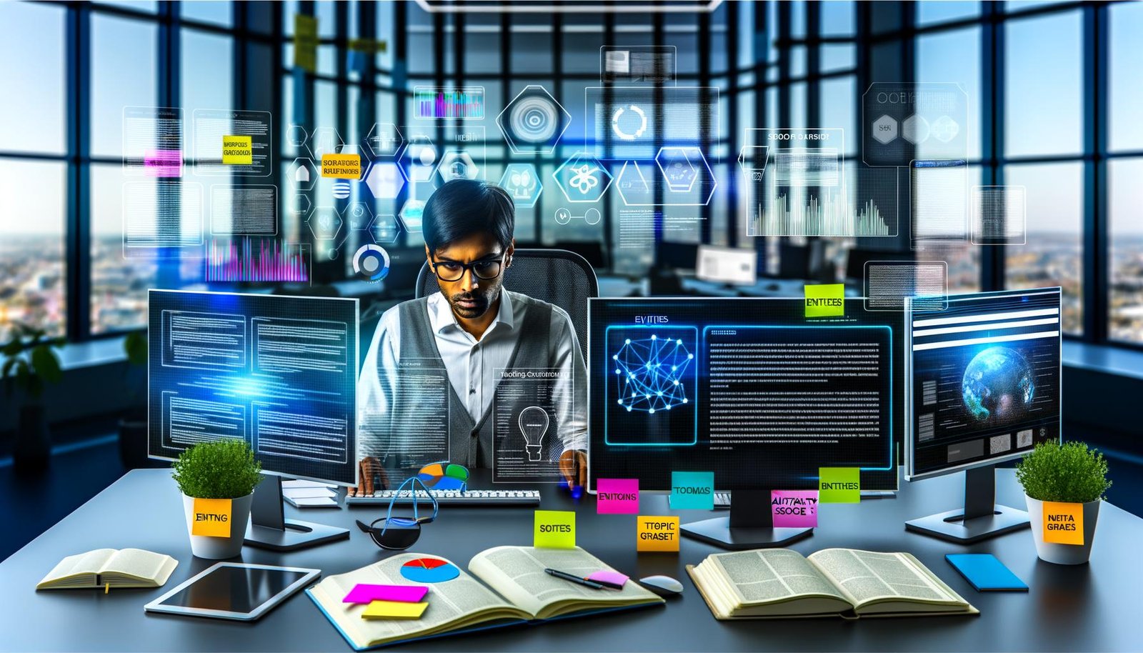 Person analysiert an einem modernen Arbeitsplatz komplexe SEO-Daten auf mehreren Monitoren mit Diagrammen und Knowledge-Graphen; im Raum offene Notizbücher, Tablet und Post-its mit Fachbegriffen, im Hintergrund große Fenster mit urbanem Ausblick.