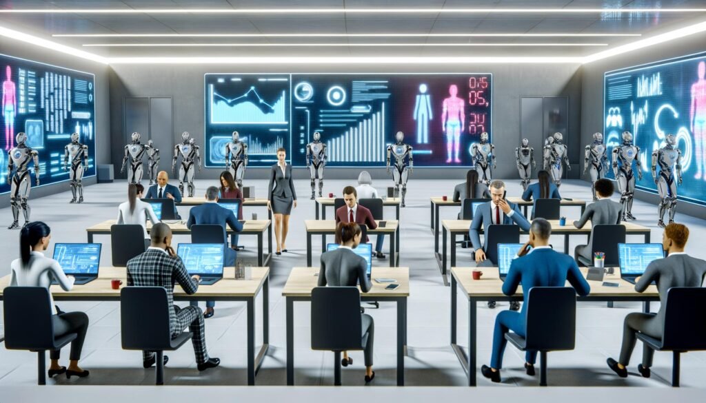 Futuristisches Großraumbüro mit Menschen in Businesskleidung und humanoiden Robotern vor steigenden Automatisierungsdiagrammen