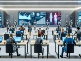 Futuristisches Großraumbüro mit Menschen in Businesskleidung und humanoiden Robotern vor steigenden Automatisierungsdiagrammen