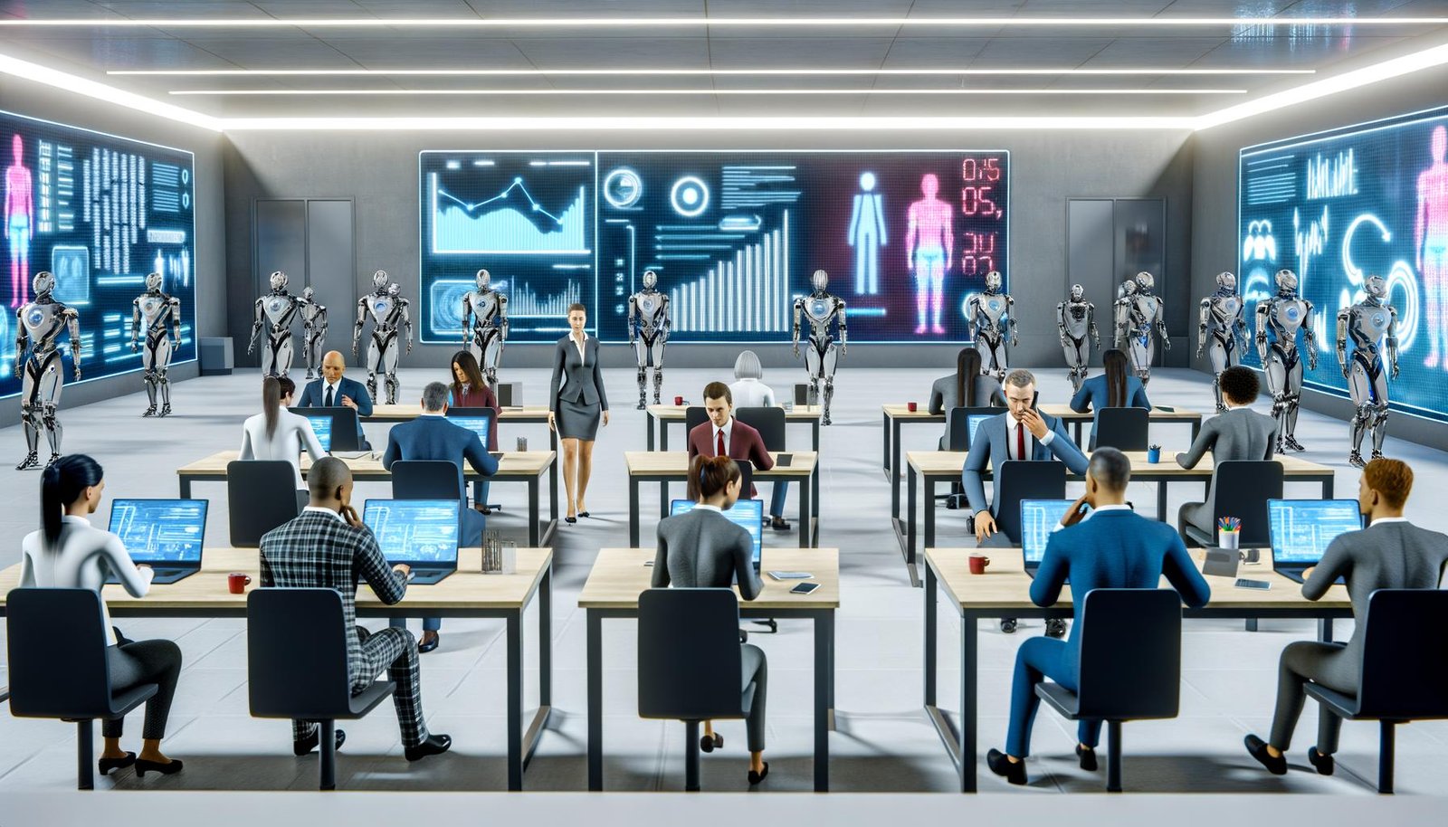 Futuristisches Großraumbüro mit Menschen in Businesskleidung und humanoiden Robotern vor steigenden Automatisierungsdiagrammen