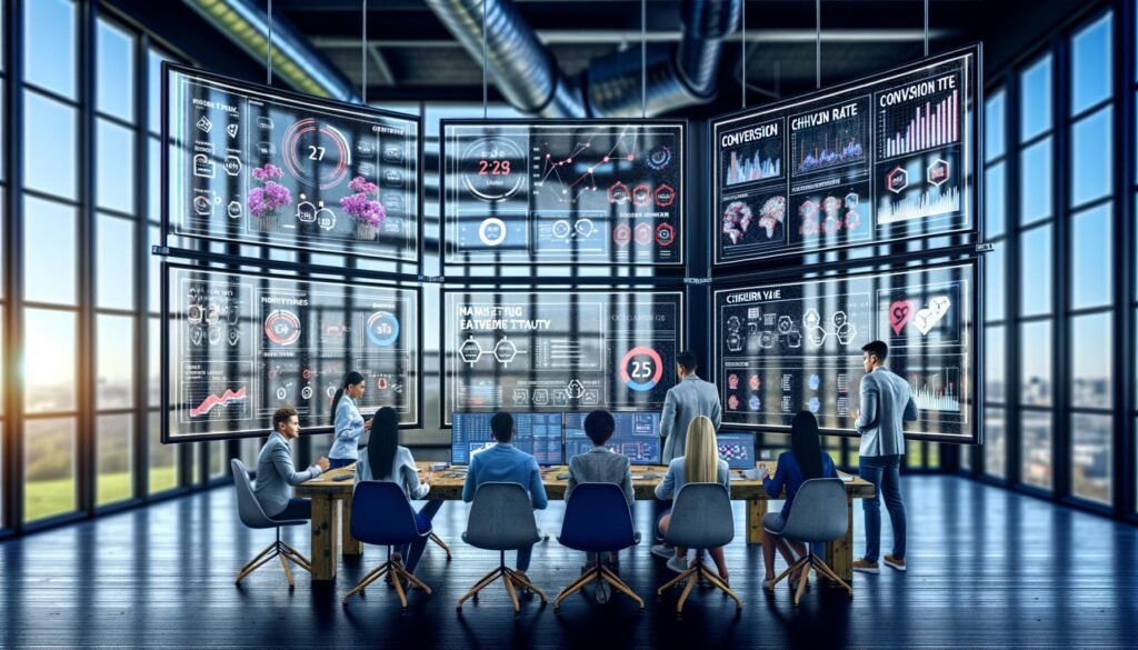 Dynamische Büroszene mit diversen Expert:innen, riesigen Monitoren voller CRM-Daten, Echtzeit-Analysen und strategischen Besprechungen im industriellen Umfeld.