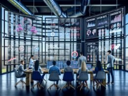 Dynamische Büroszene mit diversen Expert:innen, riesigen Monitoren voller CRM-Daten, Echtzeit-Analysen und strategischen Besprechungen im industriellen Umfeld.