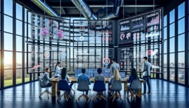Dynamische Büroszene mit diversen Expert:innen, riesigen Monitoren voller CRM-Daten, Echtzeit-Analysen und strategischen Besprechungen im industriellen Umfeld.