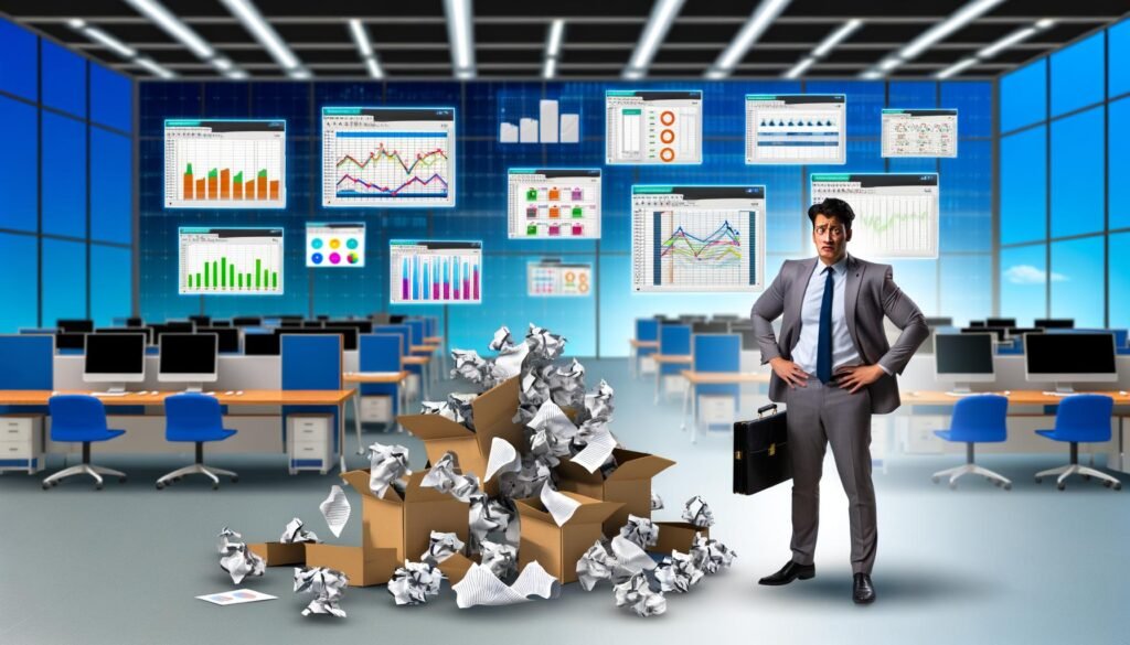 Frustrierter Marketingmanager vor Papierstapel und Excel-Chaos im Büro, dahinter zeigt sich ein moderner, automatisierter CRM-Datenanalyse-Workflow mit klaren Datenströmen auf Bildschirmen.