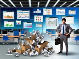 Frustrierter Marketingmanager vor Papierstapel und Excel-Chaos im Büro, dahinter zeigt sich ein moderner, automatisierter CRM-Datenanalyse-Workflow mit klaren Datenströmen auf Bildschirmen.