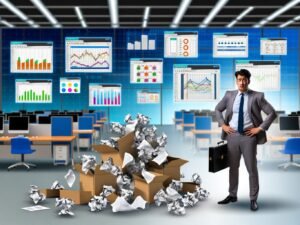 Frustrierter Marketingmanager vor Papierstapel und Excel-Chaos im Büro, dahinter zeigt sich ein moderner, automatisierter CRM-Datenanalyse-Workflow mit klaren Datenströmen auf Bildschirmen.