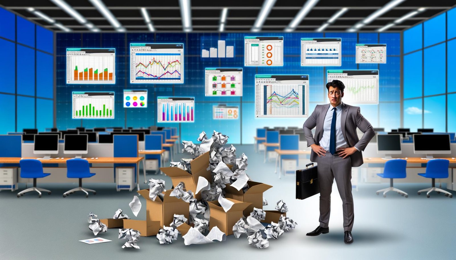 Frustrierter Marketingmanager vor Papierstapel und Excel-Chaos im Büro, dahinter zeigt sich ein moderner, automatisierter CRM-Datenanalyse-Workflow mit klaren Datenströmen auf Bildschirmen.