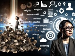 Titelbild mit großem Datenberg, Kundenprofil- und Analyse-Icons, zentralen Datenbegriffen und zwei Personen, die den Unterschied zwischen Datenmüll und wertvollen Insights verdeutlichen.