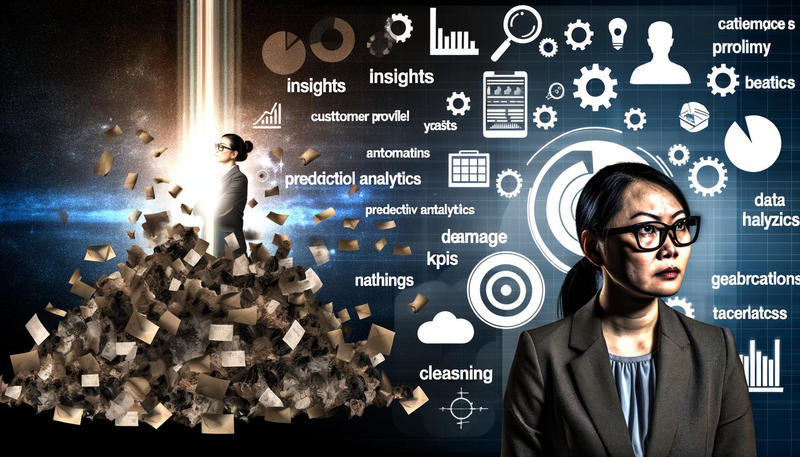 Titelbild mit großem Datenberg, Kundenprofil- und Analyse-Icons, zentralen Datenbegriffen und zwei Personen, die den Unterschied zwischen Datenmüll und wertvollen Insights verdeutlichen.
