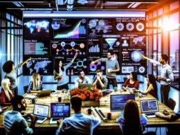 Modernes Büro mit vielfältigem Marketingteam, das vor einem großen Analytics-Dashboard mit interaktiven Visualisierungen arbeitet. Laptops mit Code, API-Dokumentation und Kaffeetassen schaffen eine dynamische, technikorientierte Arbeitsumgebung.