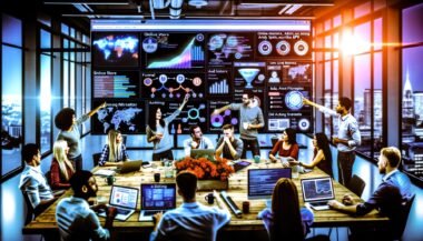 Modernes Büro mit vielfältigem Marketingteam, das vor einem großen Analytics-Dashboard mit interaktiven Visualisierungen arbeitet. Laptops mit Code, API-Dokumentation und Kaffeetassen schaffen eine dynamische, technikorientierte Arbeitsumgebung.