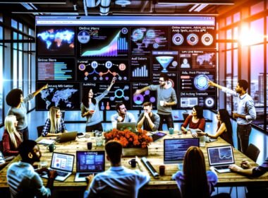 Modernes Büro mit vielfältigem Marketingteam, das vor einem großen Analytics-Dashboard mit interaktiven Visualisierungen arbeitet. Laptops mit Code, API-Dokumentation und Kaffeetassen schaffen eine dynamische, technikorientierte Arbeitsumgebung.