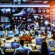 Modernes Büro mit vielfältigem Marketingteam, das vor einem großen Analytics-Dashboard mit interaktiven Visualisierungen arbeitet. Laptops mit Code, API-Dokumentation und Kaffeetassen schaffen eine dynamische, technikorientierte Arbeitsumgebung.