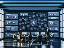 High-Tech-Team arbeitet an digitalen Displays in einem modernen Workspace mit Payload CMS als Herzstück und API-Verbindungen zu verschiedenen Frontends.