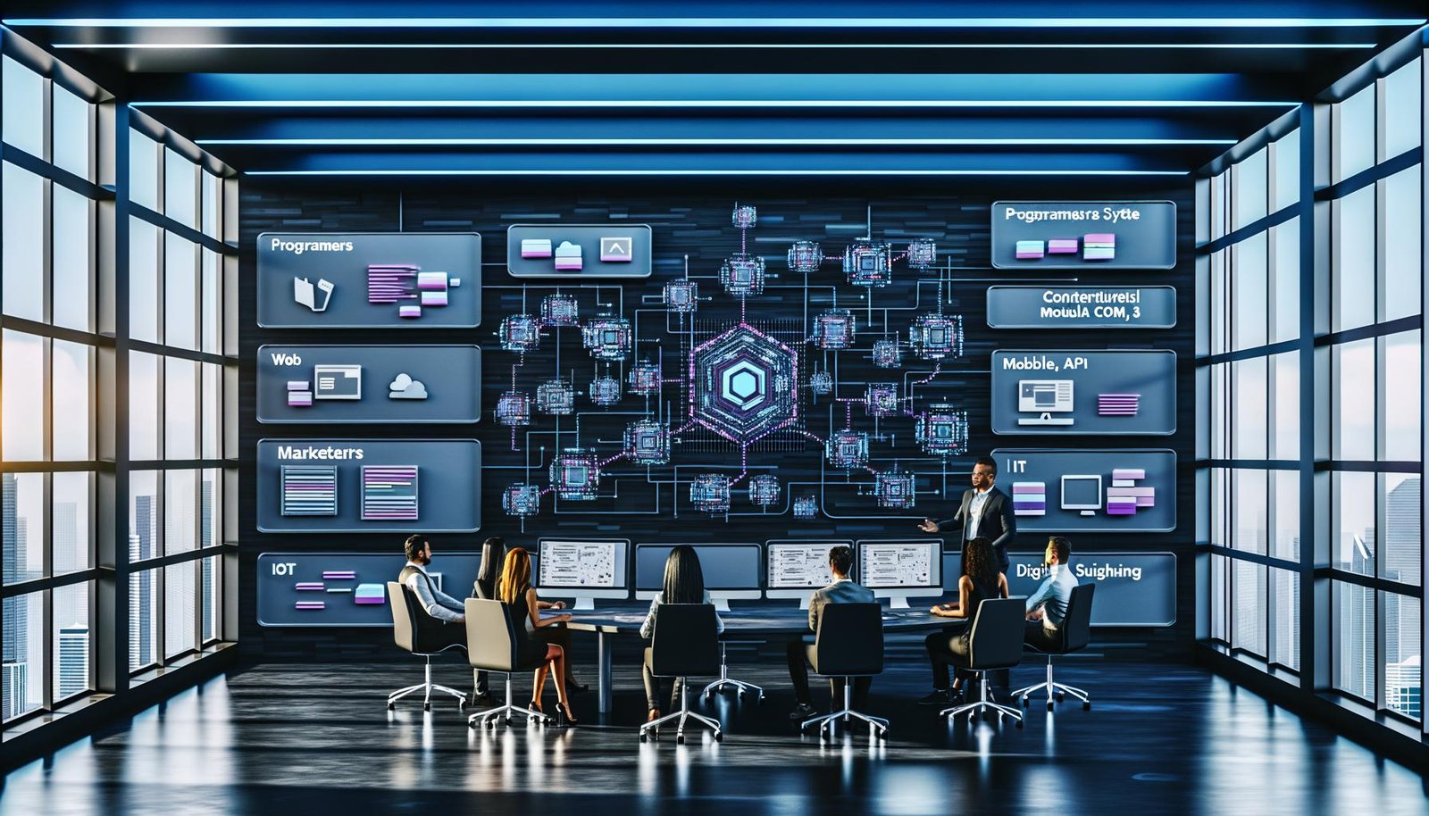 High-Tech-Team arbeitet an digitalen Displays in einem modernen Workspace mit Payload CMS als Herzstück und API-Verbindungen zu verschiedenen Frontends.