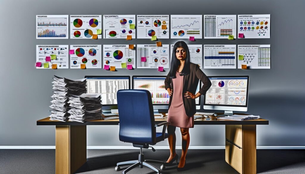 Moderner Büroraum mit Analytics-Dashboards, Marketer ignoriert Papierberichte und betrachtet ein Datenmodell an der Wand, umgeben von Notizen wie Touchpoints, Attribution und Data Warehouse.