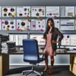 Moderner Büroraum mit Analytics-Dashboards, Marketer ignoriert Papierberichte und betrachtet ein Datenmodell an der Wand, umgeben von Notizen wie Touchpoints, Attribution und Data Warehouse.