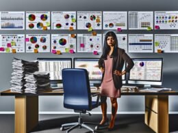 Moderner Büroraum mit Analytics-Dashboards, Marketer ignoriert Papierberichte und betrachtet ein Datenmodell an der Wand, umgeben von Notizen wie Touchpoints, Attribution und Data Warehouse.