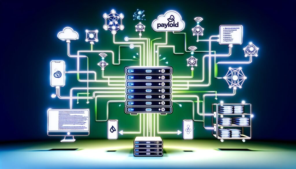 Digitale Illustration eines Payload-CMS-Servers mit leuchtenden Datenströmen zu Laptop, Smartphone, Tablet, Smartwatch, Sprachassistent und digitalem Bildschirm, umgeben von API- und Datenmodell-Symbolen.