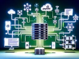 Digitale Illustration eines Payload-CMS-Servers mit leuchtenden Datenströmen zu Laptop, Smartphone, Tablet, Smartwatch, Sprachassistent und digitalem Bildschirm, umgeben von API- und Datenmodell-Symbolen.