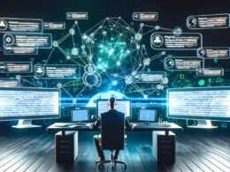 Experte an futuristischem Schreibtisch mit vernetzten Monitoren, die Content-Cluster, Diagramme, Keyword-Wolken und Google-SERPs zeigen, umgeben von leuchtenden Datenströmen.
