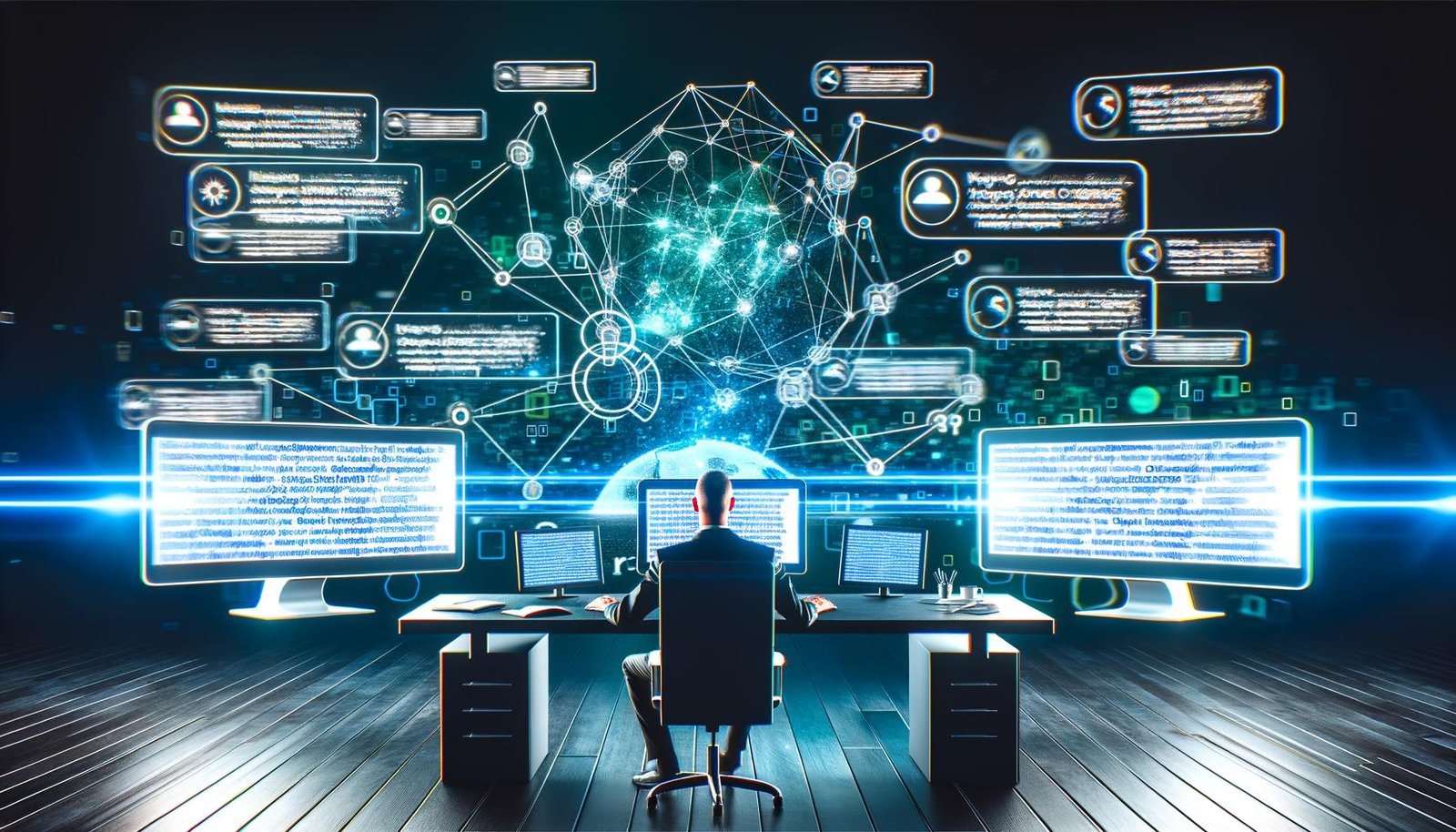 Experte an futuristischem Schreibtisch mit vernetzten Monitoren, die Content-Cluster, Diagramme, Keyword-Wolken und Google-SERPs zeigen, umgeben von leuchtenden Datenströmen.