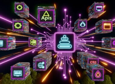 Stilisiertes, energiegeladenes Bild eines digitalen Dschungels mit Payload CMS im Zentrum, verbunden mit Geräten, APIs und Content-Blöcken, die Multikanal-Distribution symbolisieren.