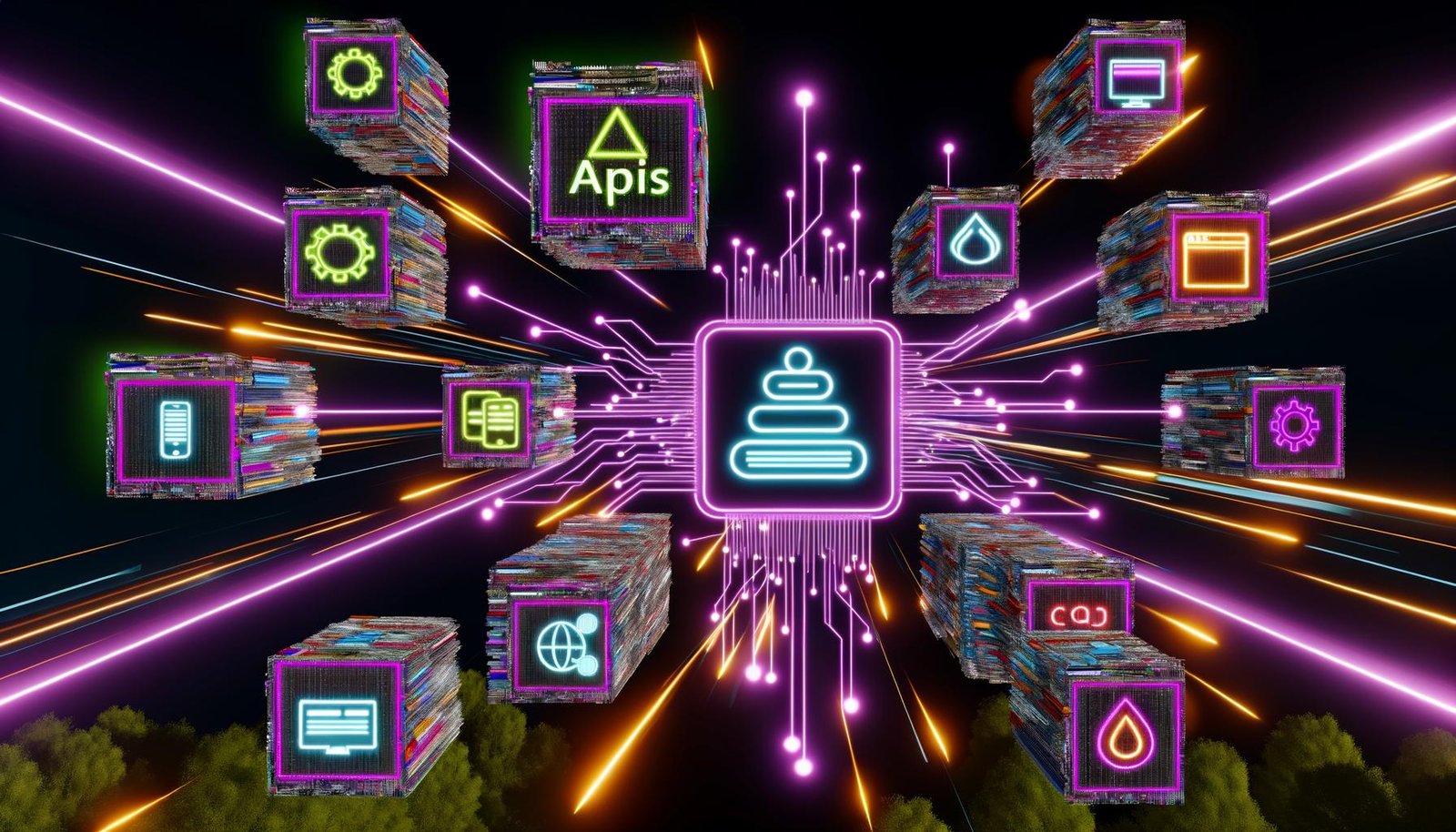 Stilisiertes, energiegeladenes Bild eines digitalen Dschungels mit Payload CMS im Zentrum, verbunden mit Geräten, APIs und Content-Blöcken, die Multikanal-Distribution symbolisieren.