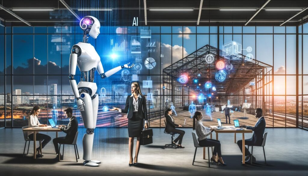 Moderner Arbeitsplatz mit humanoidem Roboter und Geschäftsmenschen vor KI-Bildschirmen, im Hintergrund Fabrikhalle mit arbeitenden Robotern und Menschen an Laptops.