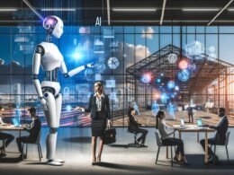 Moderner Arbeitsplatz mit humanoidem Roboter und Geschäftsmenschen vor KI-Bildschirmen, im Hintergrund Fabrikhalle mit arbeitenden Robotern und Menschen an Laptops.